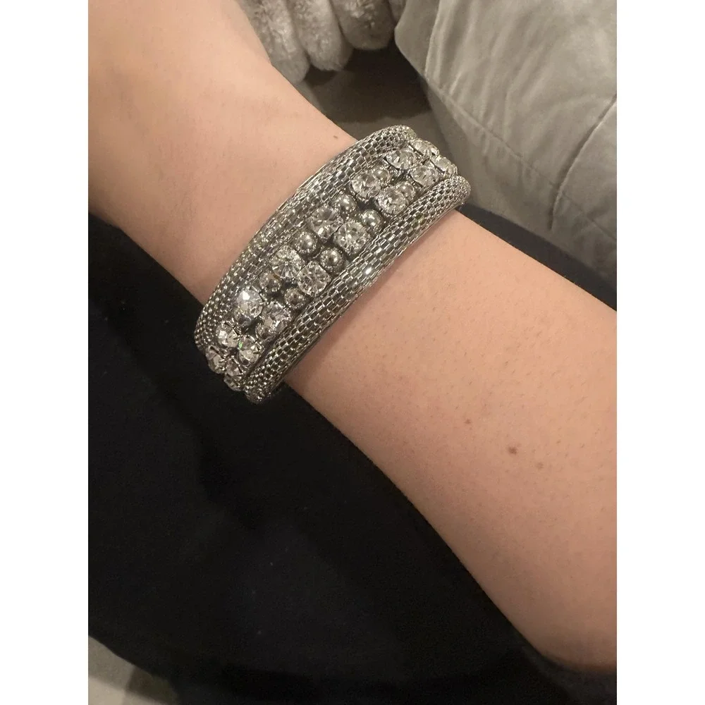 Silver Tone Sparkly Rhinestone Wide Bangle Bracelet‎ Womens Cuff Costume Jewelry
